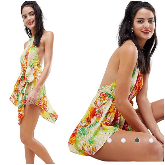 ASOS NWT High Neck Hanky Hem Brach Coverup Dress Tropical Print Size 10 NO BELT - Picture 3 of 9